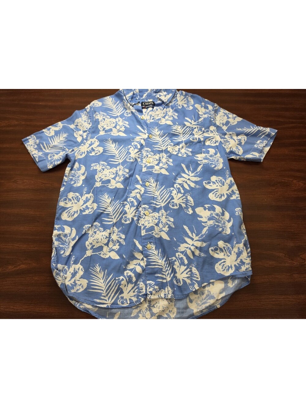 Chaps Womens Blue Floral Tropical Short Sleeve Button Down Shirt Go Untucked M